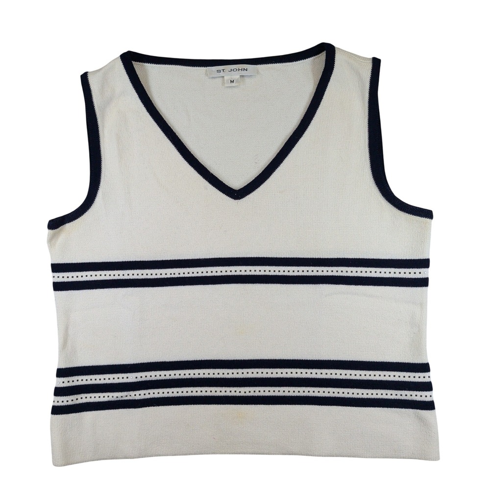 St. John Sport V-Neck Sweater Vest Medium Cream Navy Blue Striped Knit USA Made